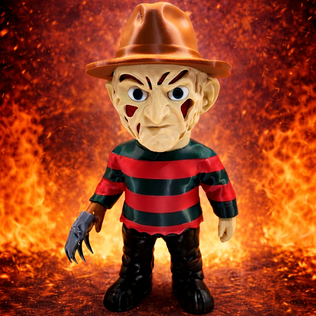 Toy figure of a character with a hat and striped shirt against a fiery background