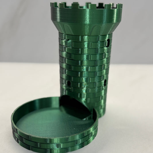 Green metal cylindrical container with a lid on a white background - Dice Tower