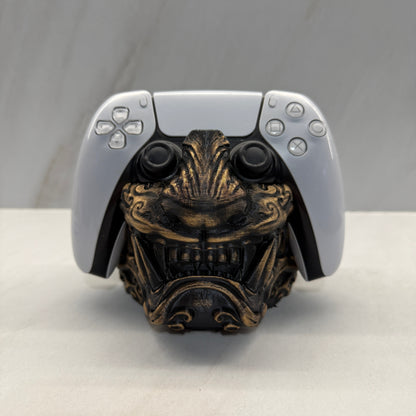 Decorative door handle with intricate design on a white door