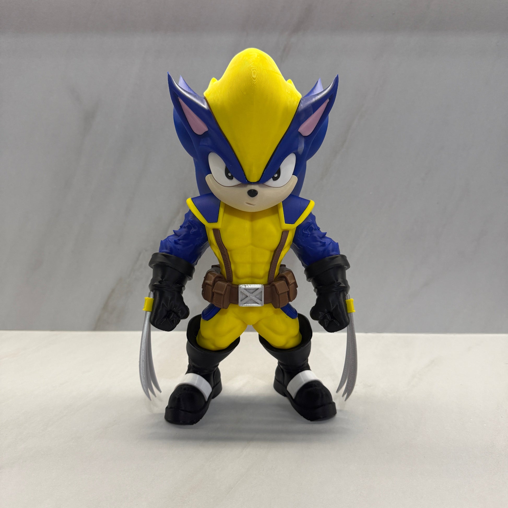 Toy figure of a character with blue, yellow, and black colors on a plain background