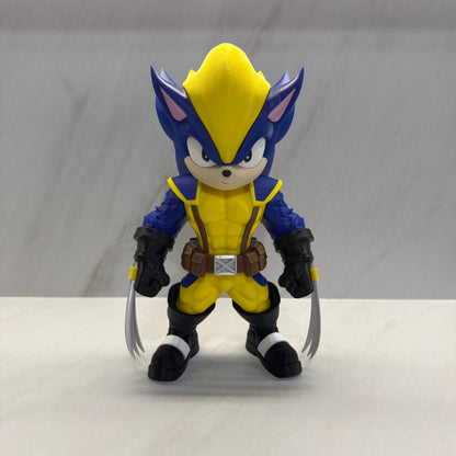 Toy figure of a character with blue, yellow, and black colors on a plain background